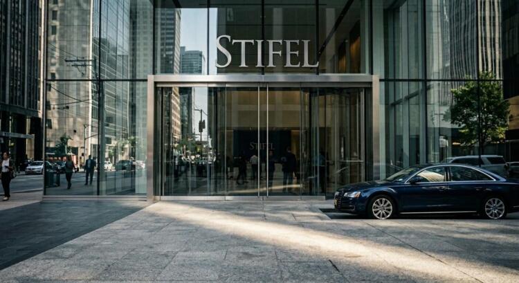 Fachada de vidrio de la oficina de Stifel con auto de lujo estacionado frente a la entrada.