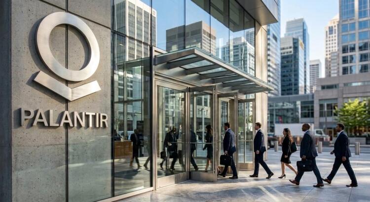 Fotografía de la entrada principal de la sede de Palantir, con su logo de acero cepillado y un ambiente empresarial.