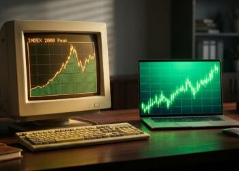 Monitor CRT antiguo y Mac moderna mostrando gráficos de mercado en escritorio oscuro.