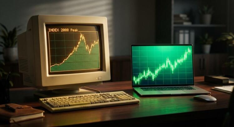 Monitor CRT antiguo y Mac moderna mostrando gráficos de mercado en escritorio oscuro.