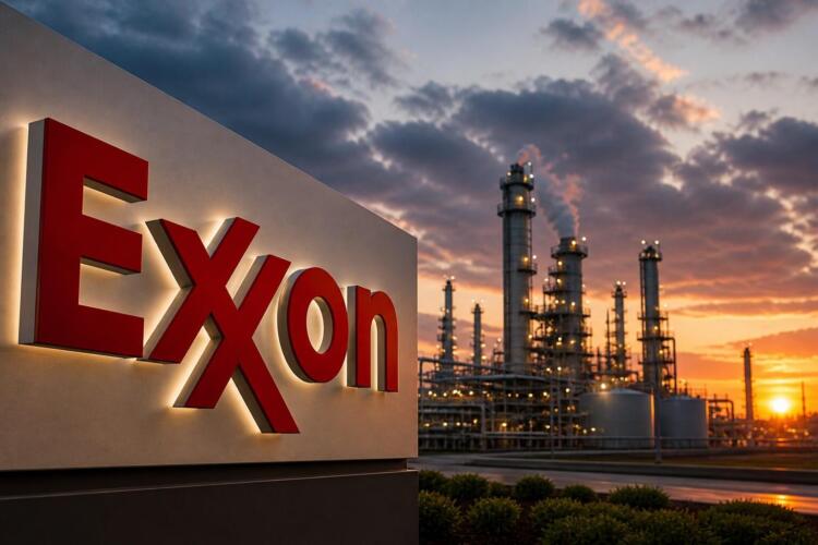 Logo de Exxon dominante con refinería al atardecer al fondo.