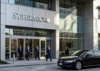 Entrada de Supermicro en San José con logo plateado, cristales modernos y paso de coche ejecutivo.