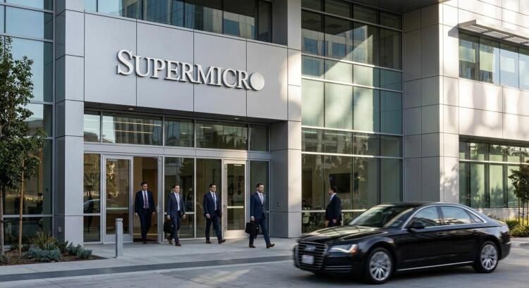 Entrada de Supermicro en San José con logo plateado, cristales modernos y paso de coche ejecutivo.