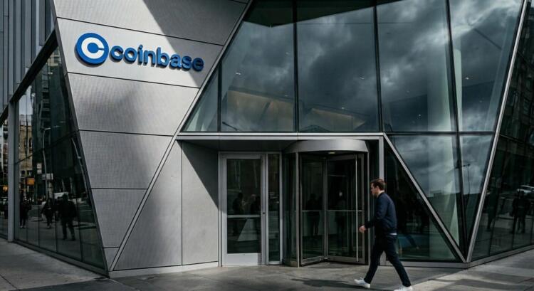 Entrada acristalada del edificio Coinbase con un hombre caminando por la acera.