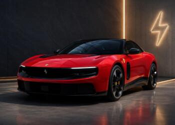 Ferrari eléctrico rojo en entorno automotriz moderno y minimalista.