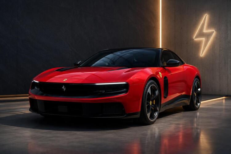 Ferrari eléctrico rojo en entorno automotriz moderno y minimalista.