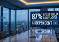 Sala de conferencias ejecutiva. Pantalla: "87% S&P 500 RALLY, AI DEPENDENT". Logo Goldman Sachs.
