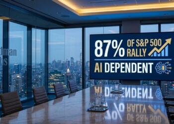 Sala de conferencias ejecutiva. Pantalla: "87% S&P 500 RALLY, AI DEPENDENT". Logo Goldman Sachs.