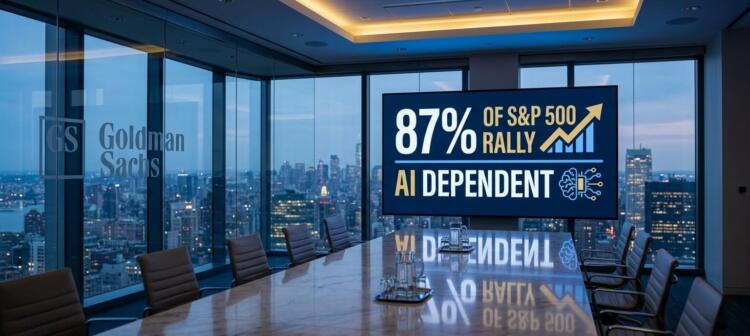 Sala de conferencias ejecutiva. Pantalla: "87% S&P 500 RALLY, AI DEPENDENT". Logo Goldman Sachs.