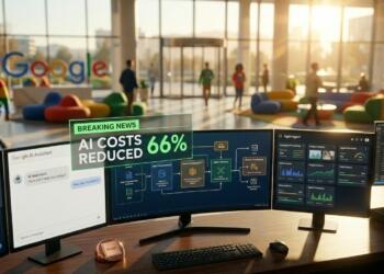 4 monitores en vestíbulo de Google. Titular flotante: "NOTICIAS: IA COSTOS REDUCIDOS 66%"