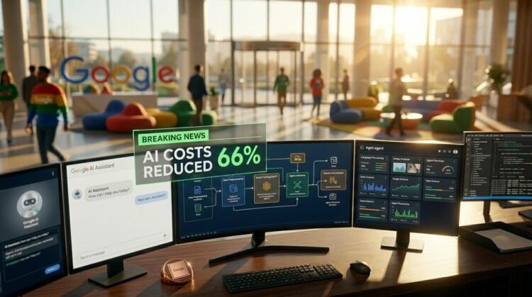 4 monitores en vestíbulo de Google. Titular flotante: "NOTICIAS: IA COSTOS REDUCIDOS 66%"