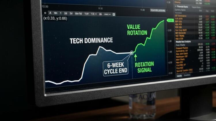 Monitor que muestra una gráfica financiera con texto sobre dominio tecnológico y rotación de valor.