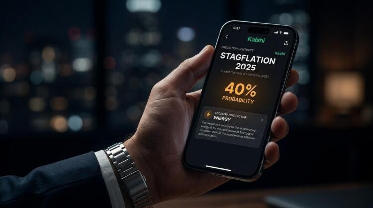 Mano con traje y reloj sostiene iPhone con 40% de probabilidad de estanflación de Kalshi.