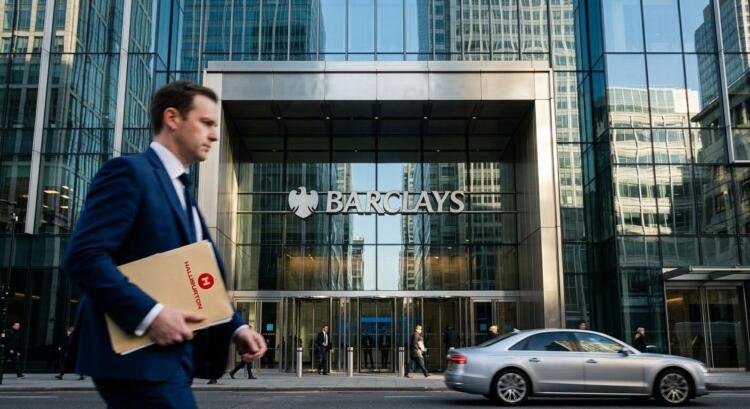 Hombre de traje azul lleva portafolios de Halliburton ante edificio de Barclays.