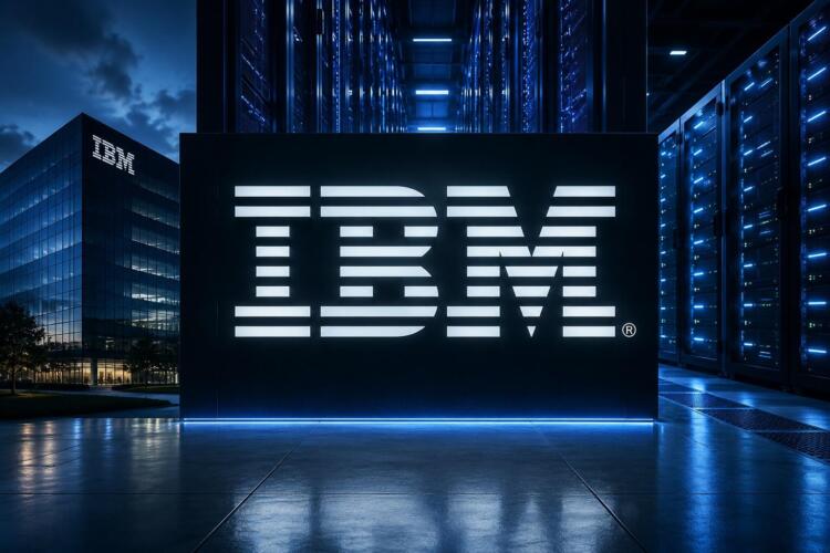 Logo monumental de IBM domina entorno tecnológico corporativo
