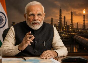 Narendra Modi frente a infraestructura petrolera bajo cielo tenso.