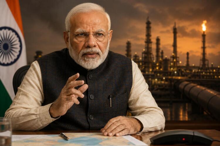 Narendra Modi frente a infraestructura petrolera bajo cielo tenso.