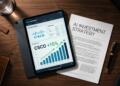 Tablet con gráfico de Cisco y "+15%", junto a papel de "AI INVESTMENT STRATEGY" en escritorio.