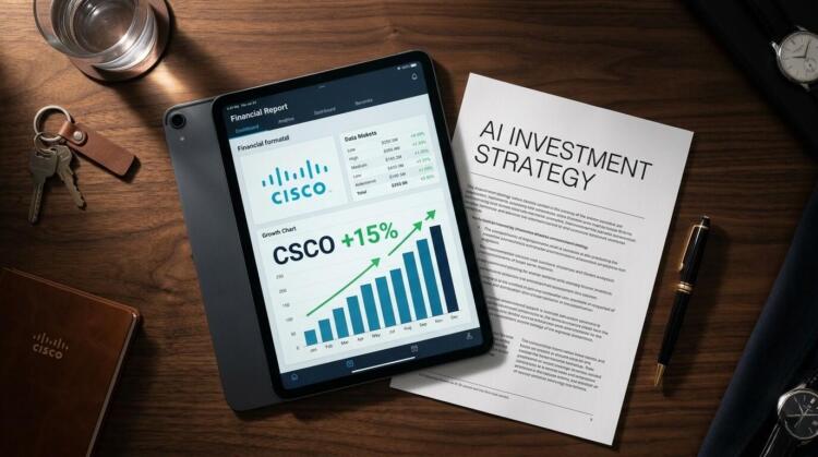 Tablet con gráfico de Cisco y "+15%", junto a papel de "AI INVESTMENT STRATEGY" en escritorio.