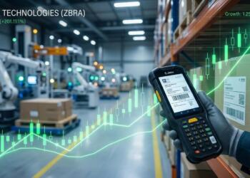 Primer plano de un informe financiero de Zebra con gráfico de velas, bolígrafo y dispositivo.