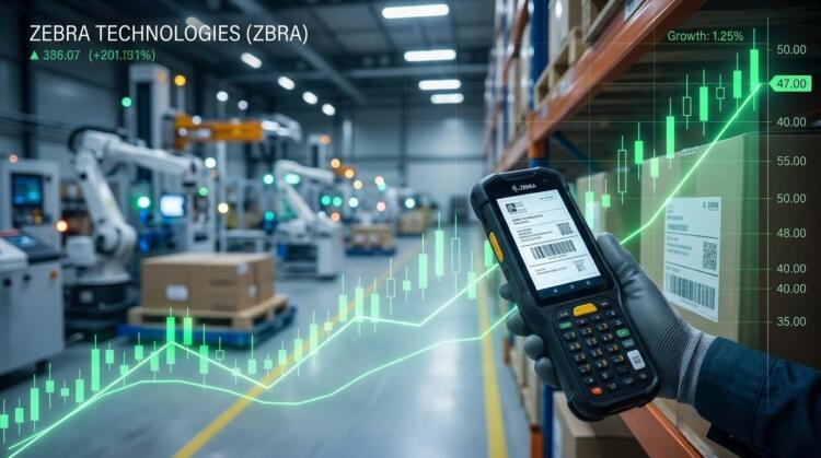 Primer plano de un informe financiero de Zebra con gráfico de velas, bolígrafo y dispositivo.