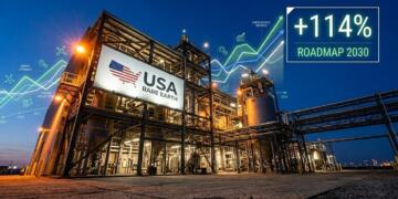 Planta industrial nocturna de USA Rare Earth con cartel y gráfico de "+114% ROADMAP 2030".