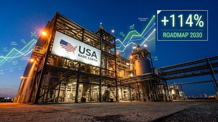 Planta industrial nocturna de USA Rare Earth con cartel y gráfico de "+114% ROADMAP 2030".