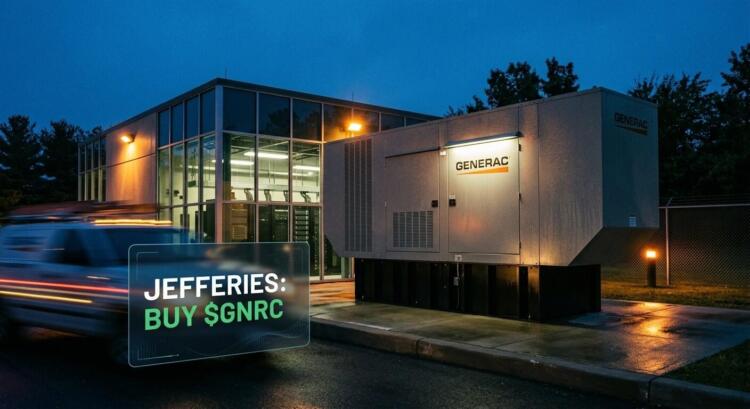 Generador Generac junto a edificio iluminado de noche con un gráfico de Jefferies.