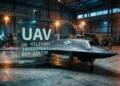 Dron militar en hangar con holograma que dice "UAV US MILITARY INVESTMENT BUY SENSOR".