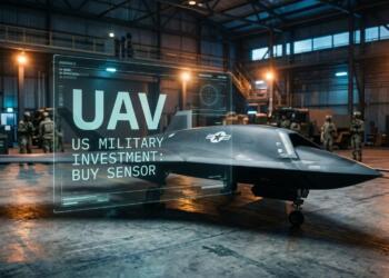 Dron militar en hangar con holograma que dice "UAV US MILITARY INVESTMENT BUY SENSOR".