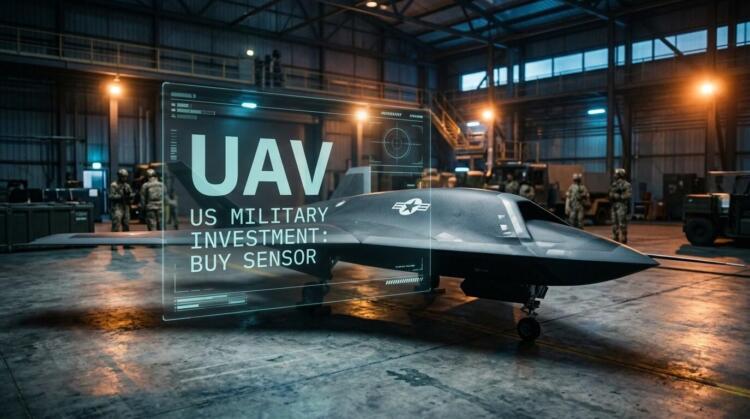 Dron militar en hangar con holograma que dice "UAV US MILITARY INVESTMENT BUY SENSOR".