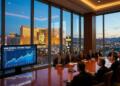 Inversores ven gráfica financiera de MGM Resorts en sala de juntas sobre Las Vegas.