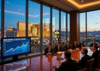 Inversores ven gráfica financiera de MGM Resorts en sala de juntas sobre Las Vegas.