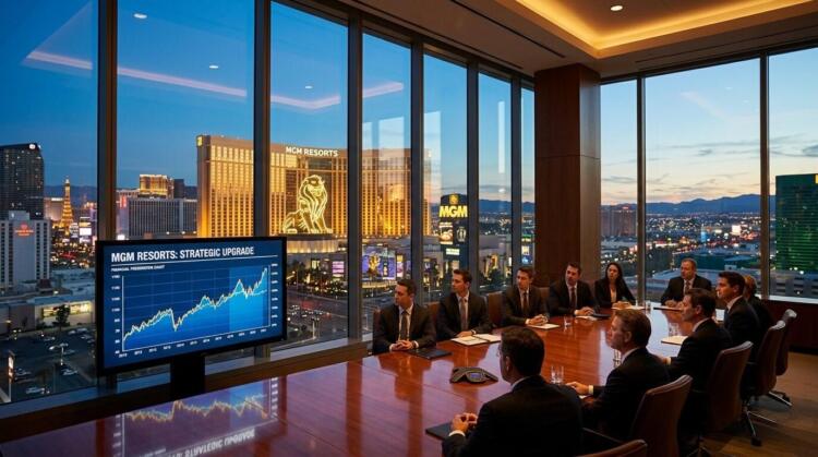 Inversores ven gráfica financiera de MGM Resorts en sala de juntas sobre Las Vegas.