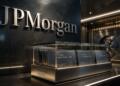 Logo de JPMorgan junto a activos tokenizados en entorno premium