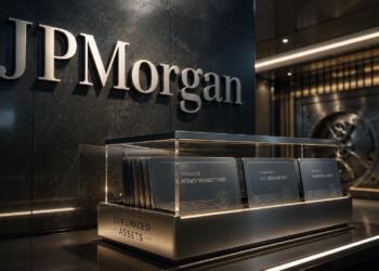 Logo de JPMorgan junto a activos tokenizados en entorno premium