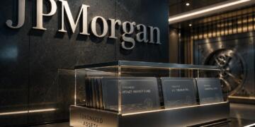 Logo de JPMorgan junto a activos tokenizados en entorno premium