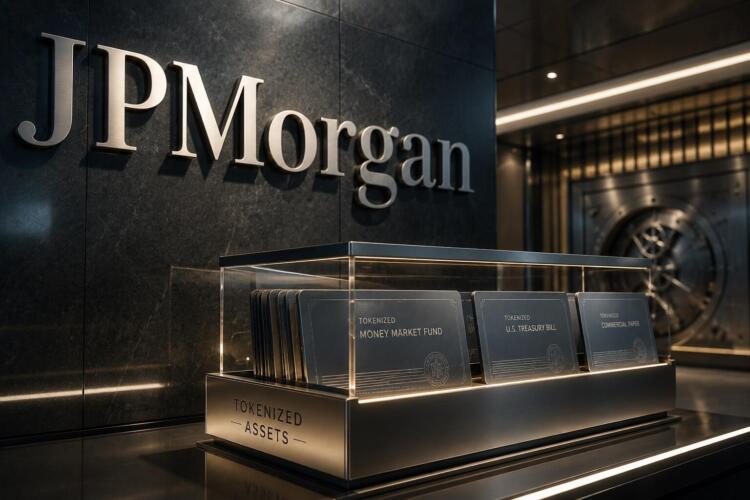Logo de JPMorgan junto a activos tokenizados en entorno premium