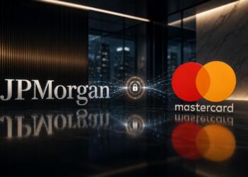 Logos de JPMorgan y Mastercard en entorno financiero digital.