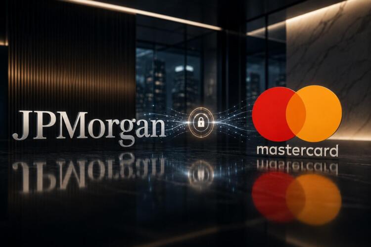 Logos de JPMorgan y Mastercard en entorno financiero digital.