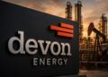 Logo de Devon Energy frente a infraestructura petrolera industrial.