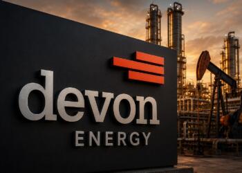 Logo de Devon Energy frente a infraestructura petrolera industrial.