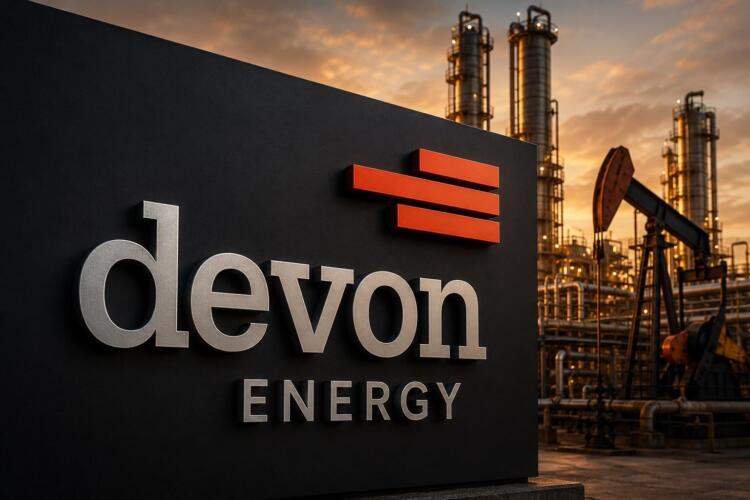 Logo de Devon Energy frente a infraestructura petrolera industrial.