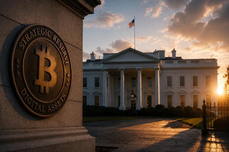 La Casa Blanca junto a sello institucional vinculado a Bitcoin.
