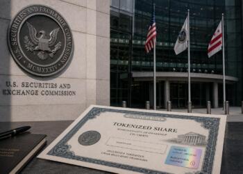 Sello de la SEC junto a certificado bursátil tokenizado moderno.