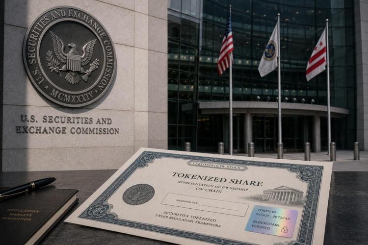 Sello de la SEC junto a certificado bursátil tokenizado moderno.