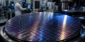 Oblea de semiconductores en laboratorio industrial de alta tecnología.