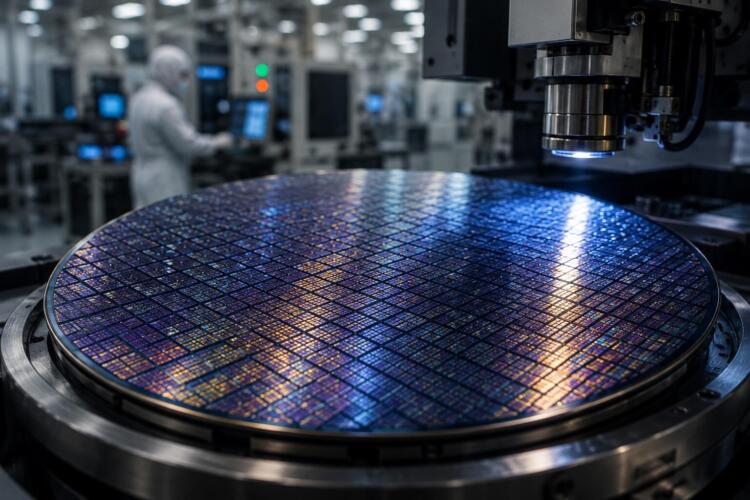 Oblea de semiconductores en laboratorio industrial de alta tecnología.