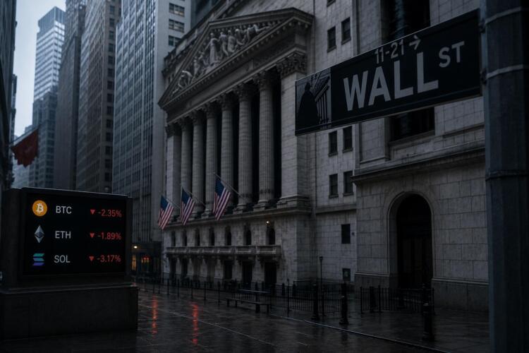 Wall Street bajo lluvia con señales de debilidad en acciones cripto.