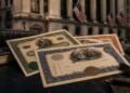 Títulos bursátiles físicos con Wall Street desenfocado al fondo.